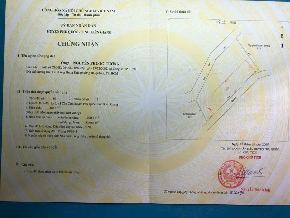 Đất nền 1000m² tại ấp 3 Cửa Cạn - Giá 5 tỷ - Sổ hồng chính chủ, thương lượng