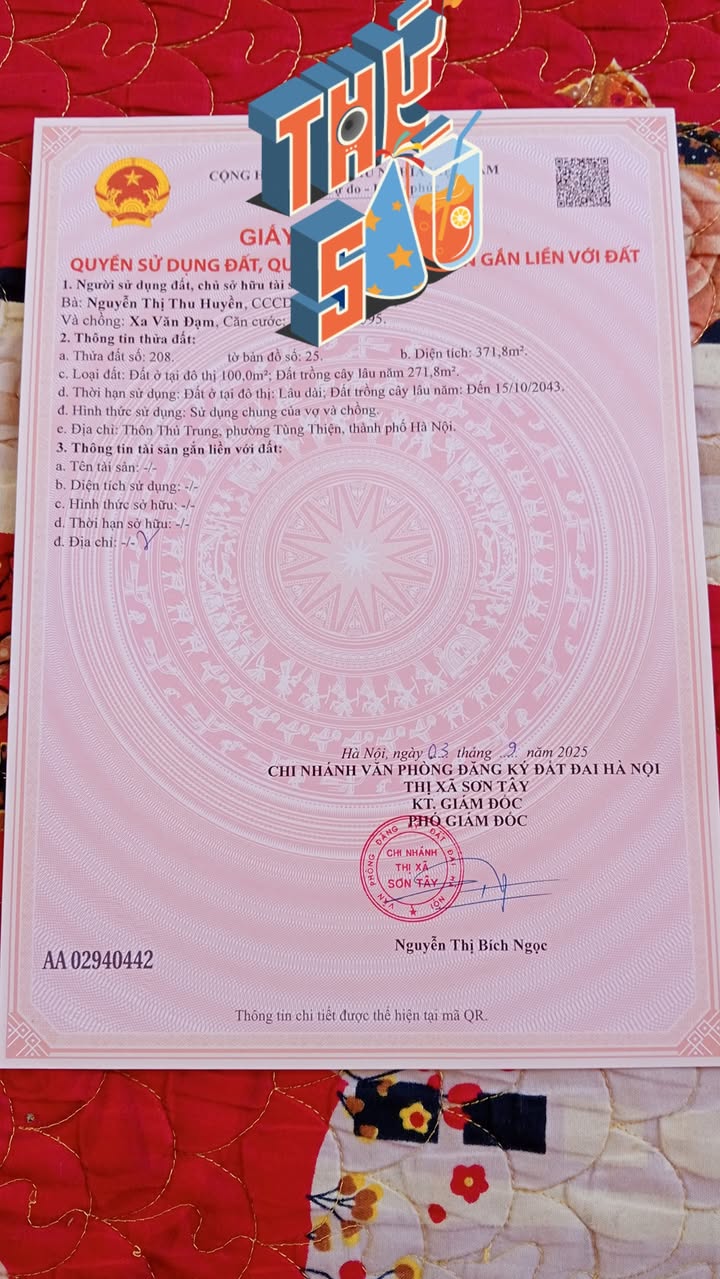 Đất thổ cư 371m² Thôn Thanh Mỹ, Sơn Tây, Hà Nội - Sổ đỏ chính chủ, giá chỉ 2 tỷ!