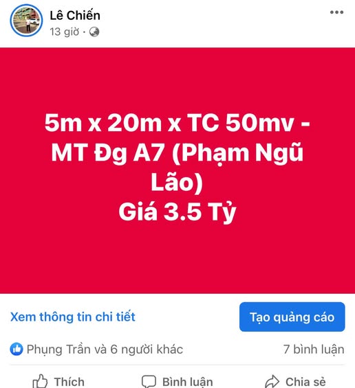 Đất nền 100m² mặt tiền đường A7 (Phạm Ngũ Lão) - Giá chỉ 3.5 tỷ, đầu tư sinh lời!