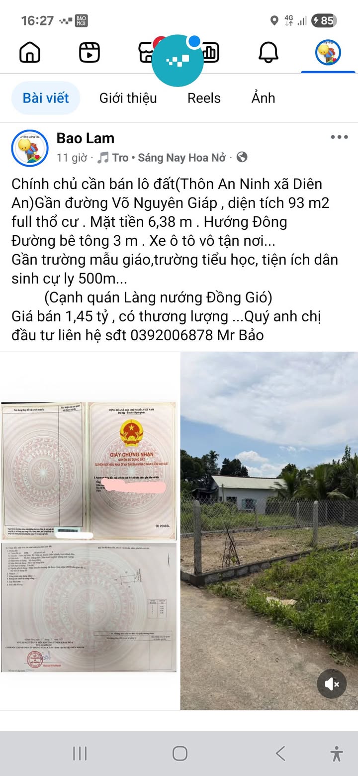 Lô đất thổ cư An Ninh, Diên An 93m² giá 1.45 tỷ - Đường ô tô vào tận nơi!