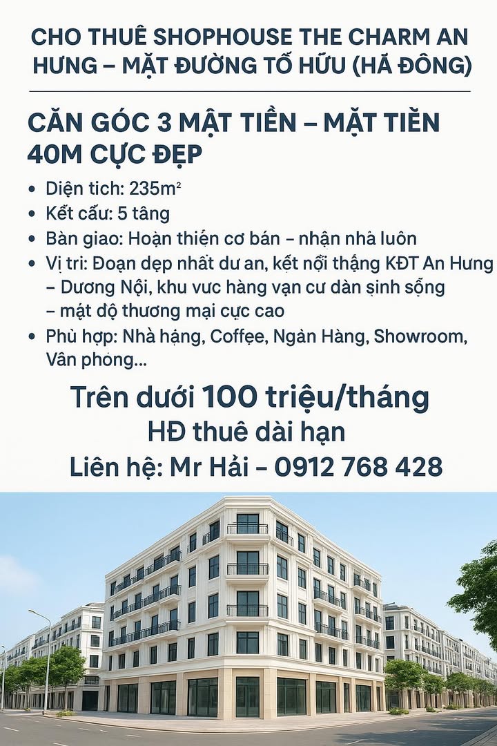 Cho thuê shophouse The Charm An Hưng 235m² giá 100 triệu - Mặt tiền cực đẹp