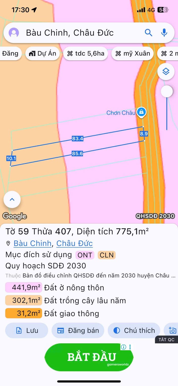 Đất nền Bàu Chinh Châu Đức 722.5m² giá 1.25 tỷ - Nở hậu 10m, đầu tư sinh lời!