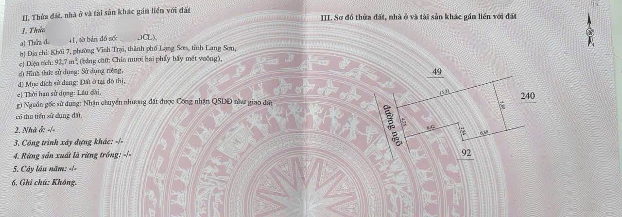 Đất thổ cư Lê Đại Hành, Lạng Sơn 92.7m² giá 1 tỷ - Hướng Tây Nam, đầu tư sinh lời!