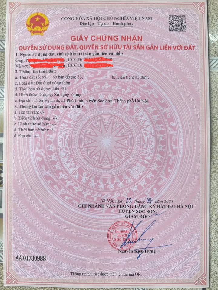 Đất thổ cư Vệ Linh, Phù Linh, Sóc Sơn 83m² giá 2 tỷ - Sổ hồng chính chủ!