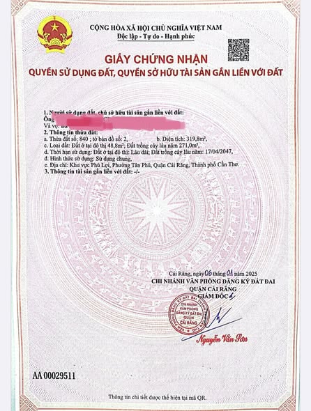 Đất nền Tân Phú Cái Răng 319.8m² giá 1.95 tỷ - Sổ hồng chính chủ, sang tên ngay!