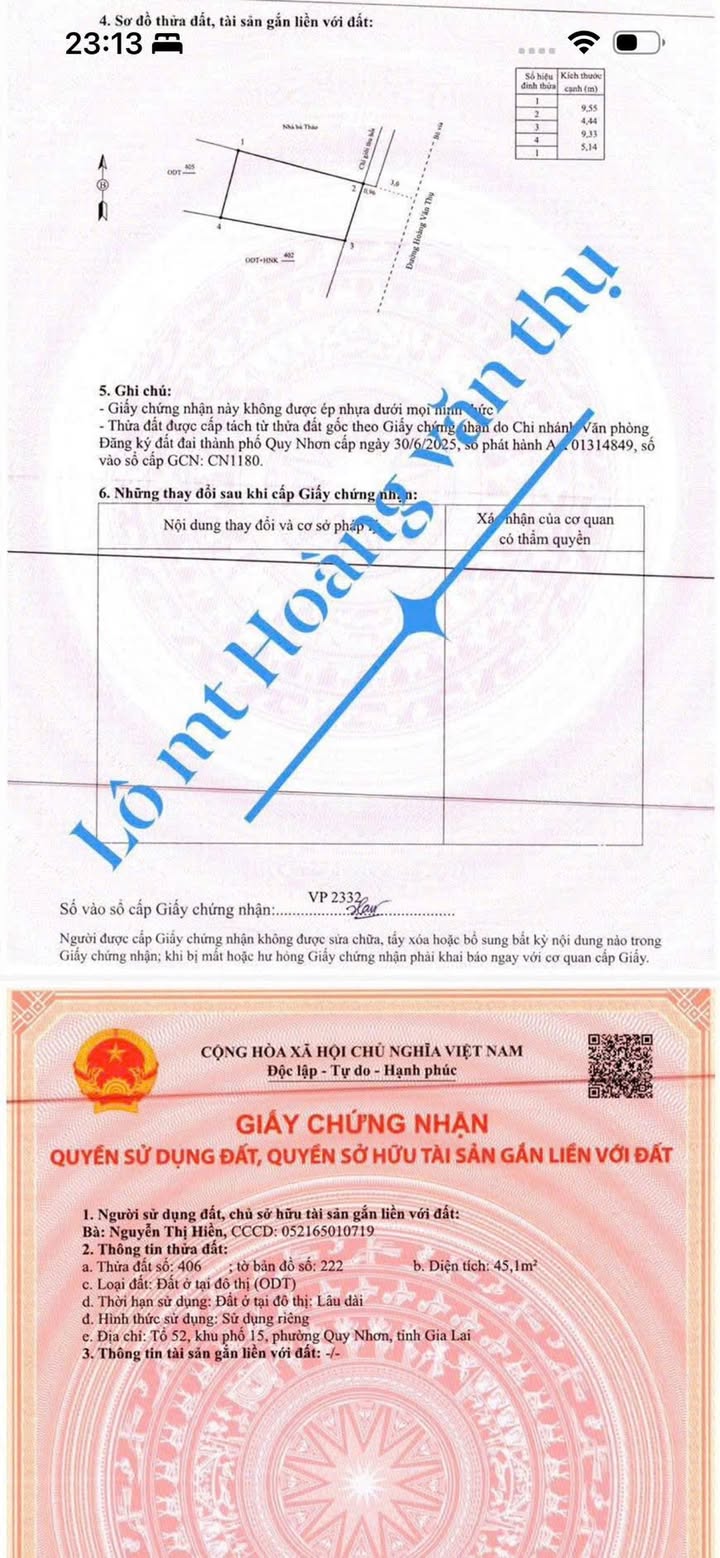 Lô đất 2 mặt tiền Hoàng Văn Thụ, Quy Nhơn 45m² giá 4 tỷ - Đầu tư sinh lời ngay!