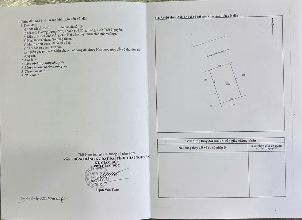 Đất tái định cư Lương Sơn Sông Công 279m² - Nhà xưởng mới, giá thỏa thuận!