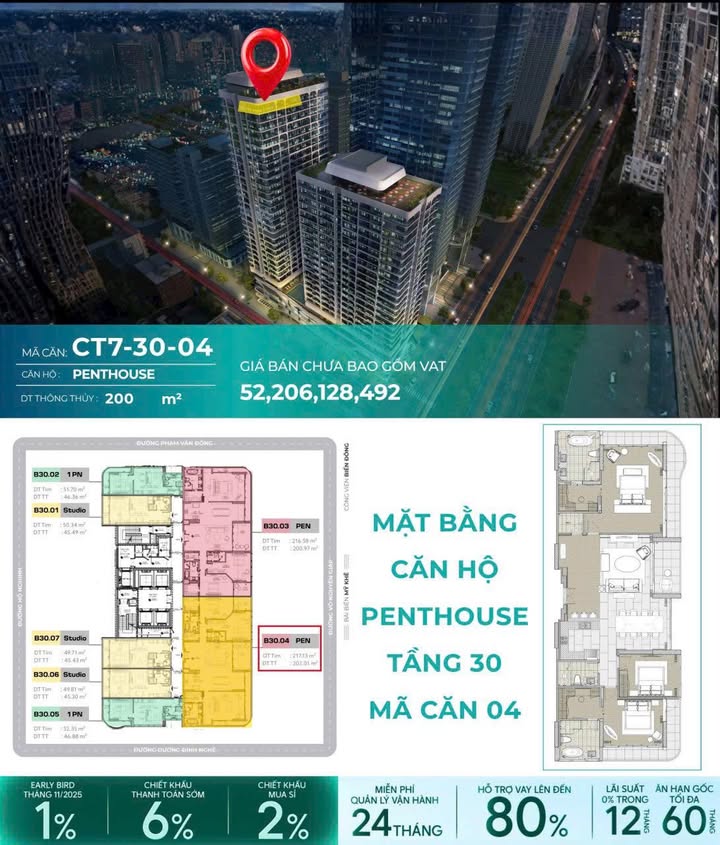 Penthouse 3 phòng ngủ CT7 Times Square Đà Nẵng 200m² - Vị trí đắc địa, view biển tuyệt đẹp!