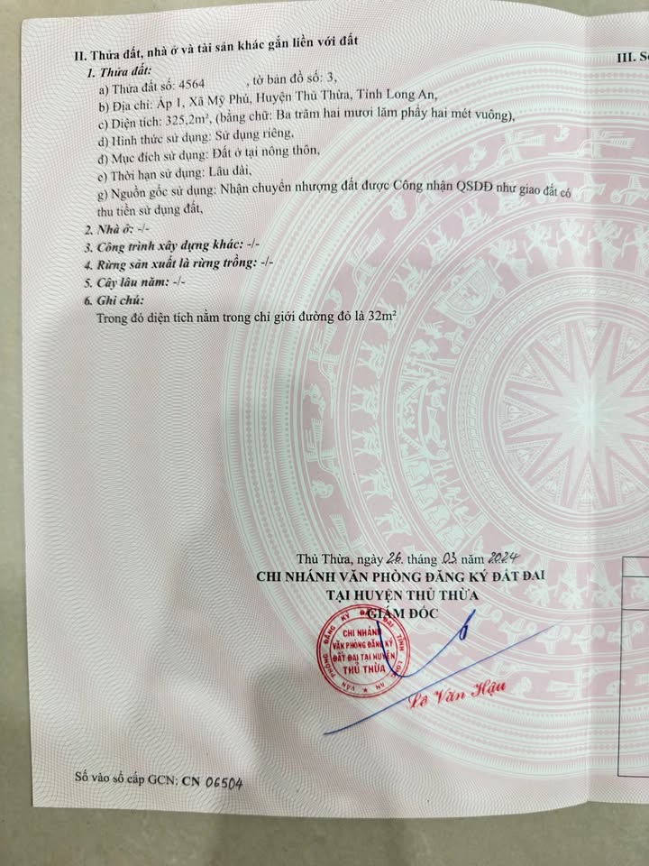 Đất thổ cư chính chủ tại Mỹ Phú, Thủ Thừa 325m² giá 1.7 tỷ - Sẵn sàng cho bạn đầu tư!