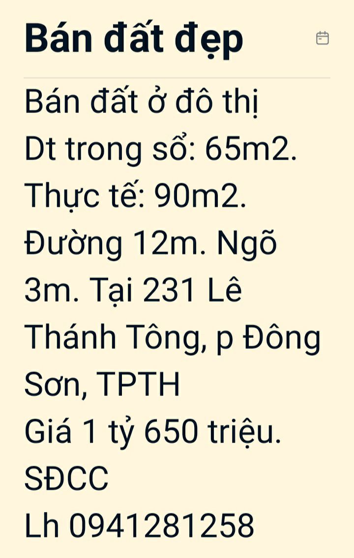 Bán đất tại 231 Lê Thánh Tông, Đông Sơn, Thanh Hóa - Diện tích 90m², Giá 1.65 tỷ!