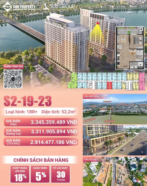Căn hộ 1PN Hòa Xuân 52m² giá 3.31 tỷ - View cầu Hòa Xuân hiếm có!