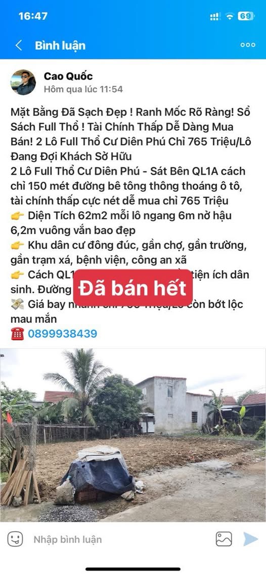 Đất nền Diên Lạc, Diên Khánh 135m² giá 900 triệu - Đường ô tô rộng rãi