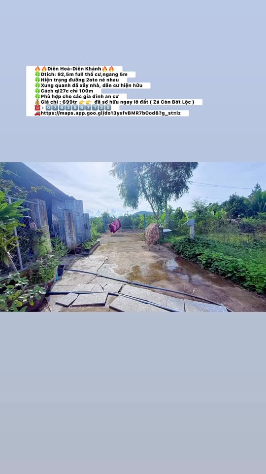 Đất thổ cư Diên Hòa Diên Khánh 92,5m² giá 699 triệu - Cơ hội đầu tư hấp dẫn!