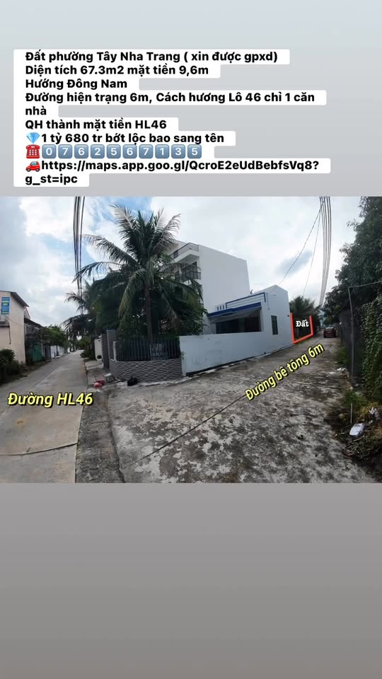 Đất nền phường Tây Nha Trang 67.3m² giá 1.68 tỷ - Sổ hồng chính chủ, thuận lợi xây dựng!