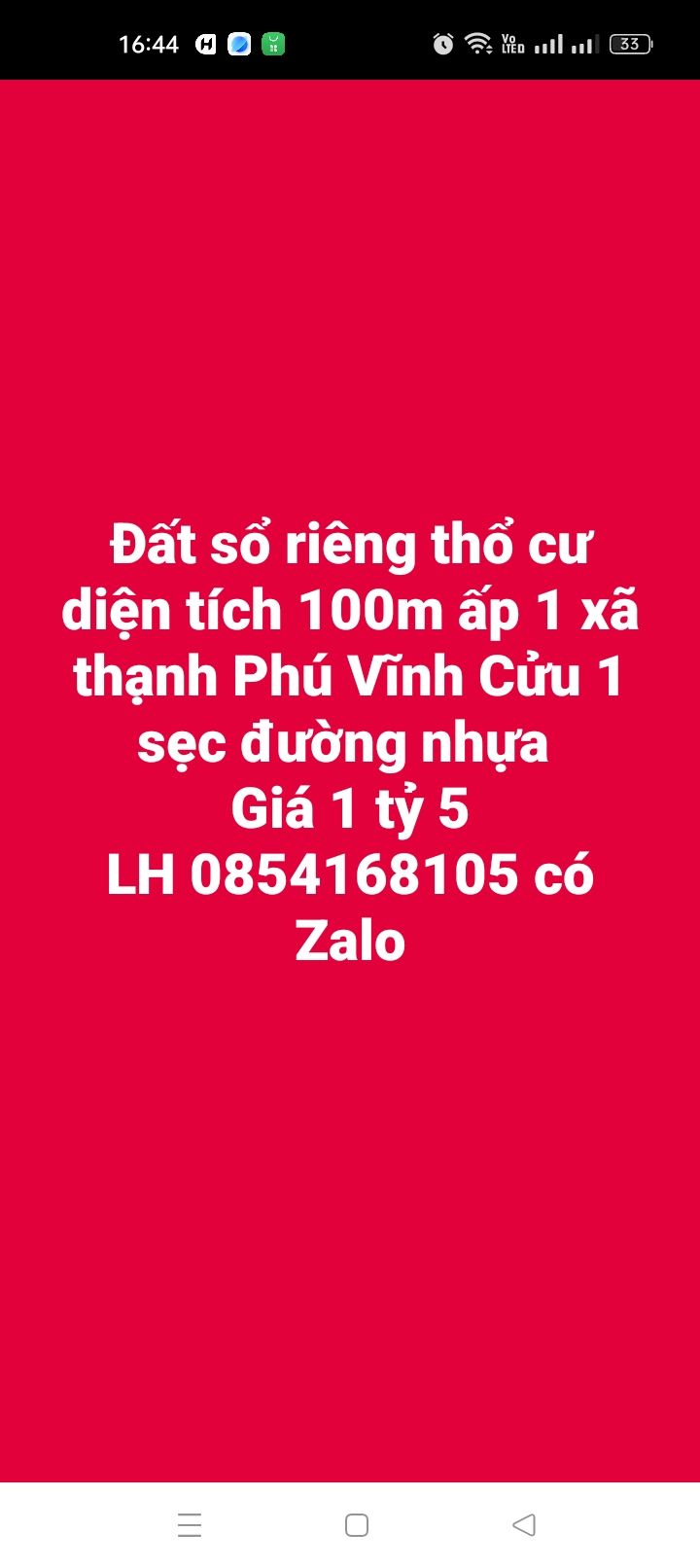 Đất thổ cư 100m² xã Thạnh Phú Vĩnh Cửu - Giá 1.5 tỷ chính chủ, sổ đỏ