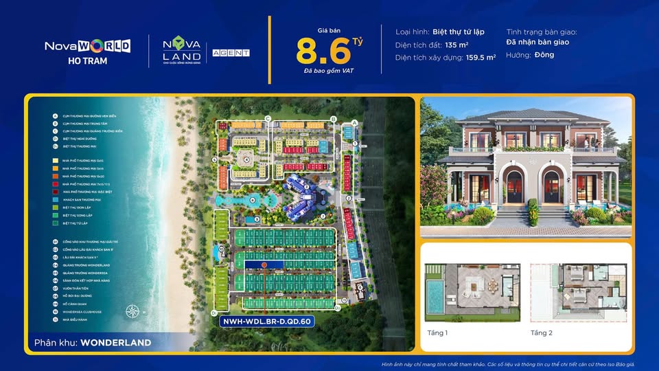 Biệt thự Tứ Lập Wonderland NovaWorld Hồ Tràm 135m² giá 8.6 tỷ - Đầu tư sinh lời ngay!