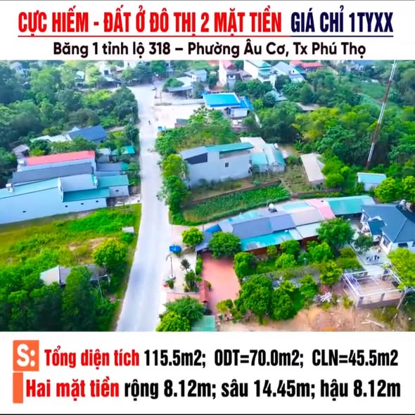Đất 2 mặt tiền Âu Cơ, TX Phú Thọ 115.5m² giá 1 tỷ - Cơ hội đầu tư sinh lời!