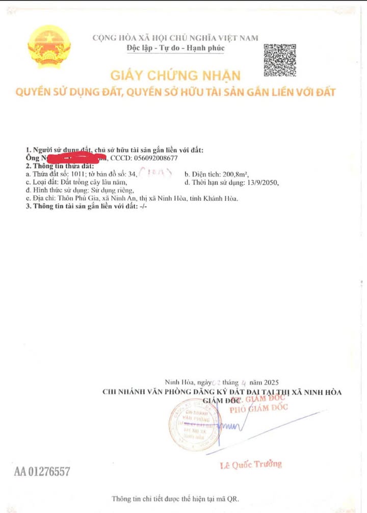 Lô đất thổ cư Ninh An, Ninh Hòa 200,8m² giá mềm - Cơ hội đầu tư tuyệt vời!