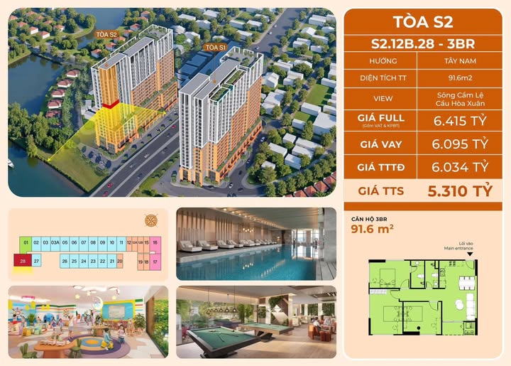 Căn hộ Sun Spana Tower Đà Nẵng 91m² giá 5.31 tỷ - Căn góc view sông hiếm có!