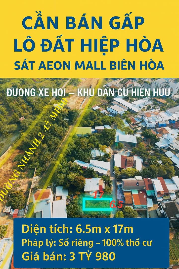 Bán lô đất Hiệp Hòa 110m² giá 3.98 tỷ - Sát AEON Mall Biên Hòa!