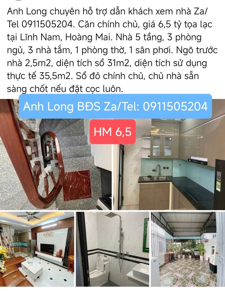 Nhà 5 tầng Lĩnh Nam, Hoàng Mai 31m² giá 6.5 tỷ - Chính chủ, sẵn sàng chốt ngay!