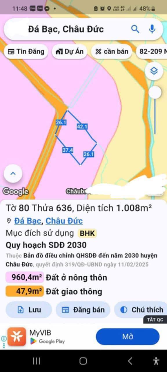 Đất thổ cư Đá Bạc, Châu Đức 360m² giá 1.6 tỷ - Vị trí đẹp, tiện lợi!