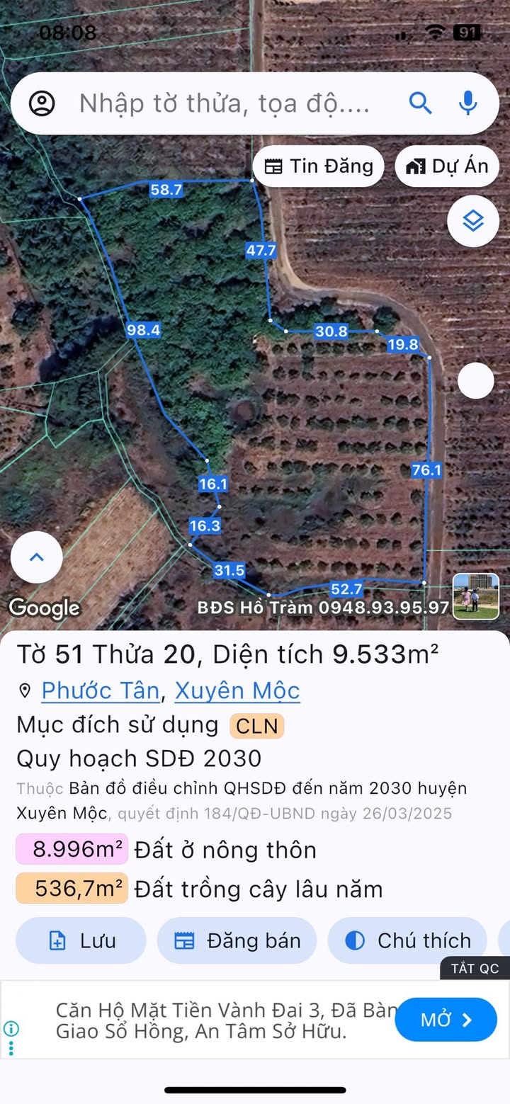 Đất nền Phước Tân, Xuyên Mộc 9500m² giá 7.5 tỷ - Sổ hồng chính chủ!