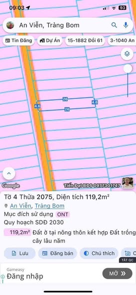 Đất nền 119m² tại Ấp 3, xã An Viễn, Trảng Bom - Chỉ 960 triệu, sổ đỏ chính chủ!