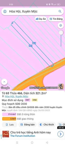 Đất thổ cư 325m² tại xã Hòa Hội, Xuyên Mộc - Giá 600 triệu, đầu tư sinh lời!