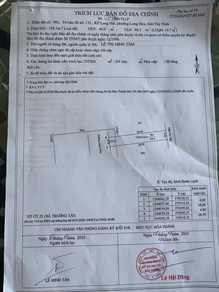 Đất thổ cư Hẻm 22 Ngô Quyền, Hòa Thành, Tây Ninh 128m² giá 540 triệu - Cơ hội vàng cho đầu tư!