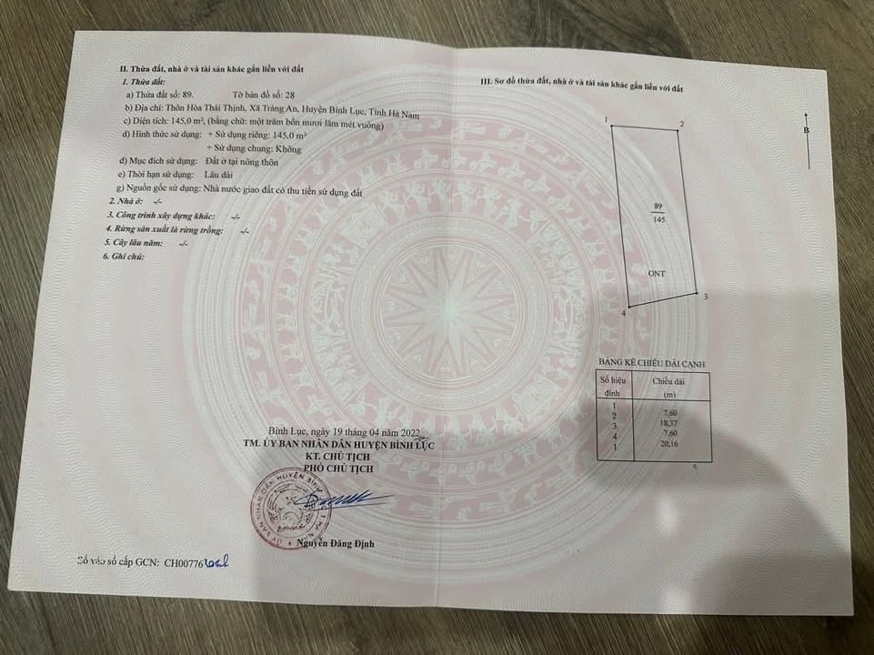 Đất thổ cư 145m² tại Thôn Hòa Thái Thịnh, Bình Lục - Giá 900 triệu, đường ô tô tránh nhau!