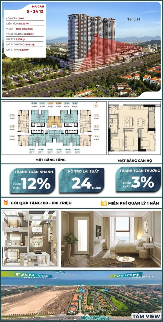 Căn hộ Newtown Diamond Đà Nẵng 95.39m² giá 7.37 tỷ - View biển tuyệt đẹp!
