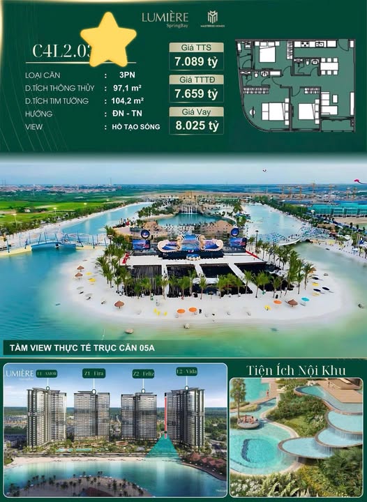 Căn hộ 3PN Lumière SpringBay 97m² - View hồ tuyệt đẹp, thiết kế tinh tế!