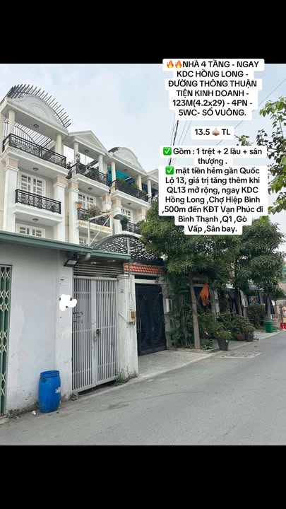 Nhà 4 tầng KDC Hồng Long, 123m² giá 13.5 tỷ - Kinh doanh thuận lợi!