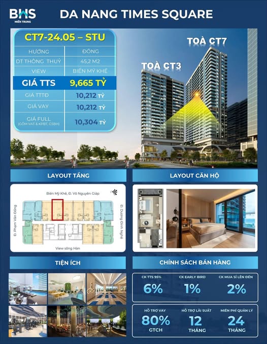 Căn hộ Studio Đà Nẵng Times Square 45m² giá 9.665 tỷ - View biển Mỹ Khê tuyệt đẹp!