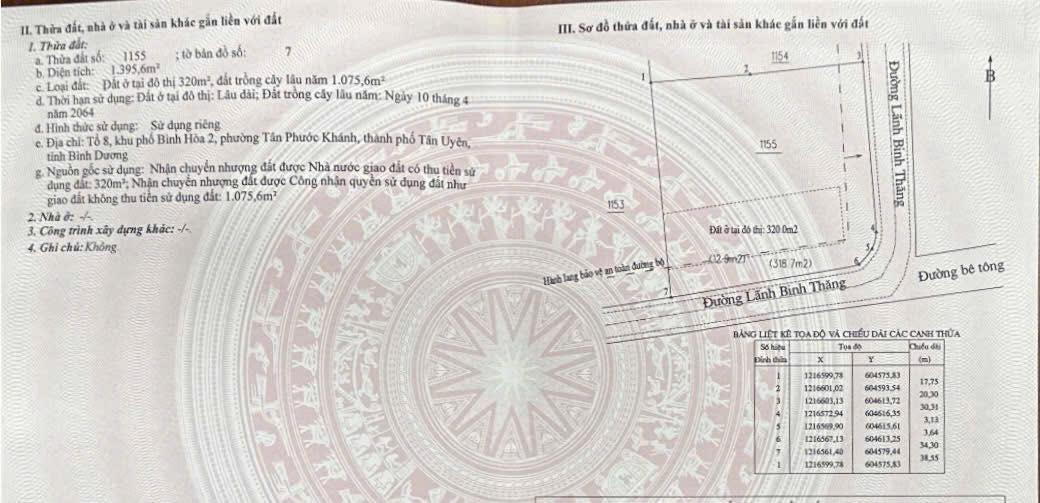 Đất Tân Phước Khánh, Tân Uyên 1600m² giá 19 tỷ - Mặt tiền đường nhựa Lãnh Binh Thăng!