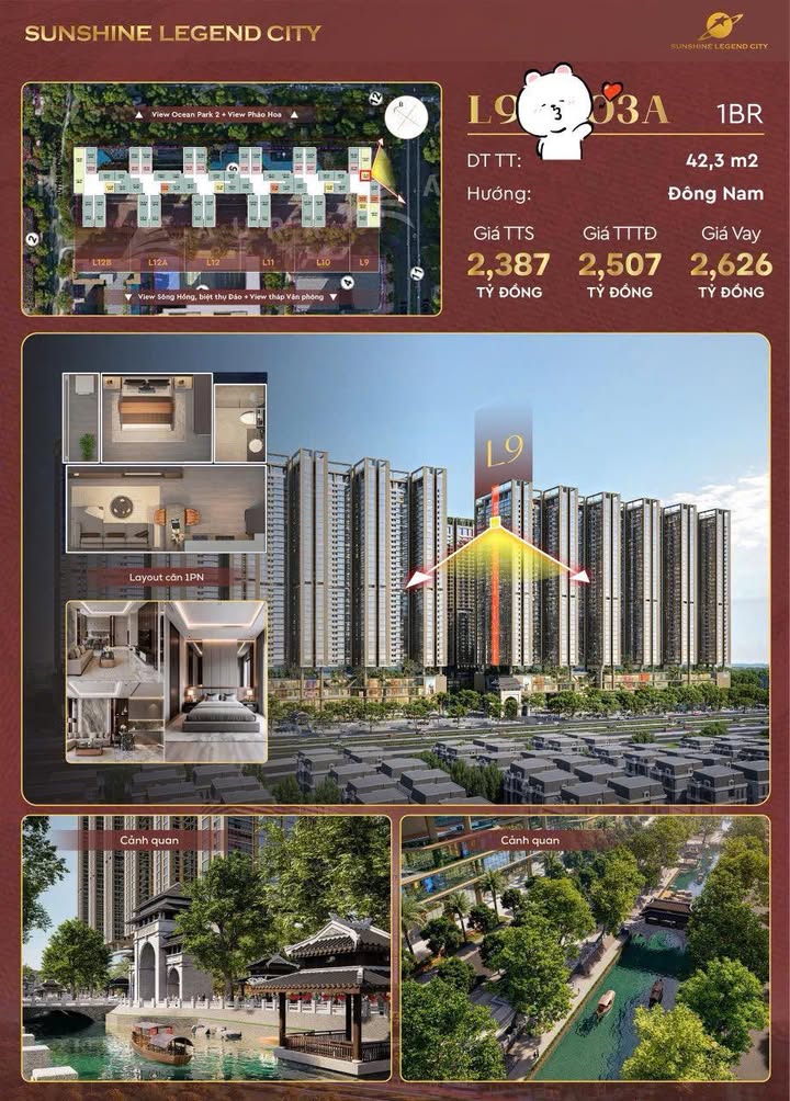 Căn hộ 1PN Sunshine Legend City Văn Giang 43m² giá 2.387 tỷ - Hướng Đông thoáng mát!