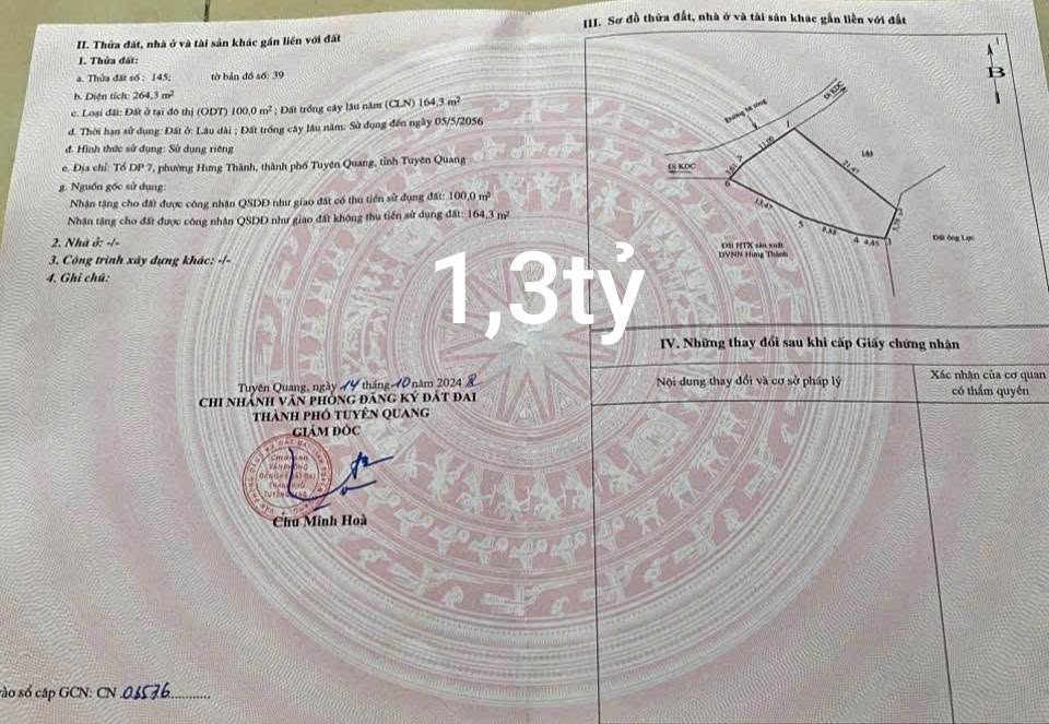 Bán đất trung tâm TP. Tuyên Quang 299m² giá 1.4 tỷ - Mặt tiền đẹp, thuận lợi đầu tư!