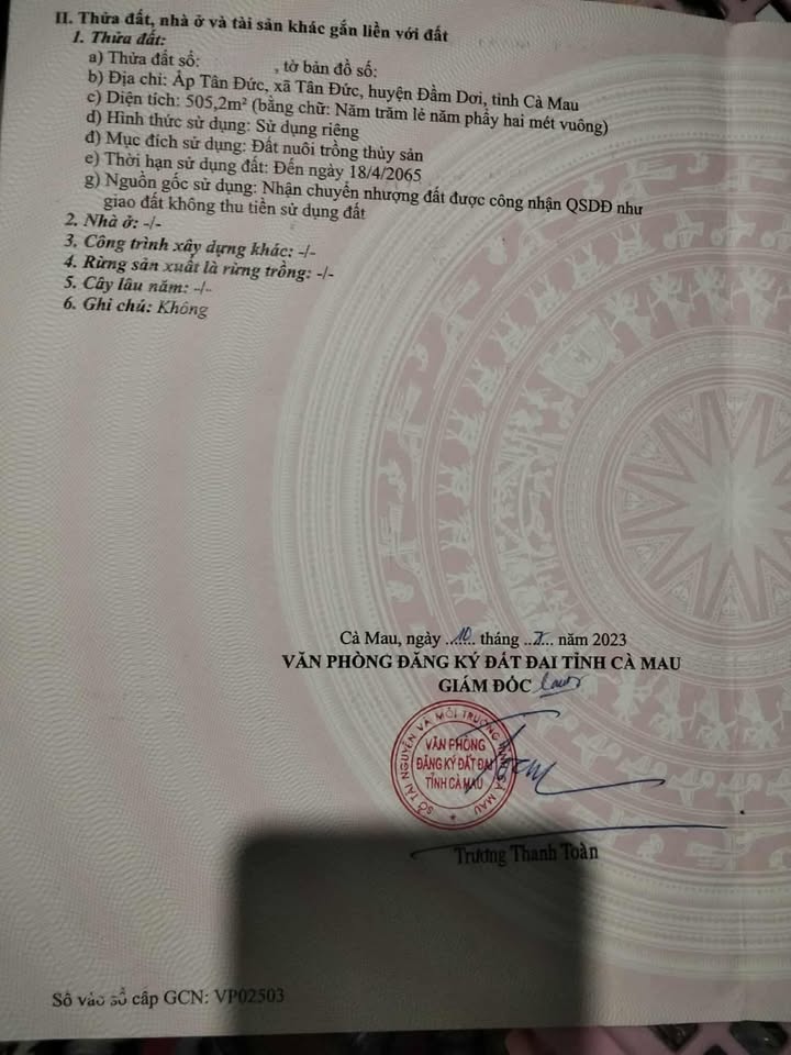 Đất nền Tân Đức Đầm Dơi 505m² giá 1.1 tỷ - Vị trí đẹp, lộ nhựa rộng rãi!