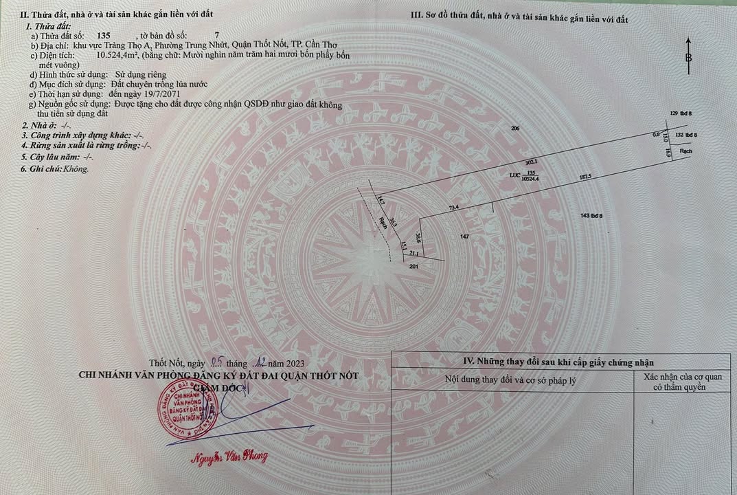 Đất nông nghiệp 10.524m² Tràng Thọ A - Cần Thơ giá 4.209 tỷ, chính chủ!