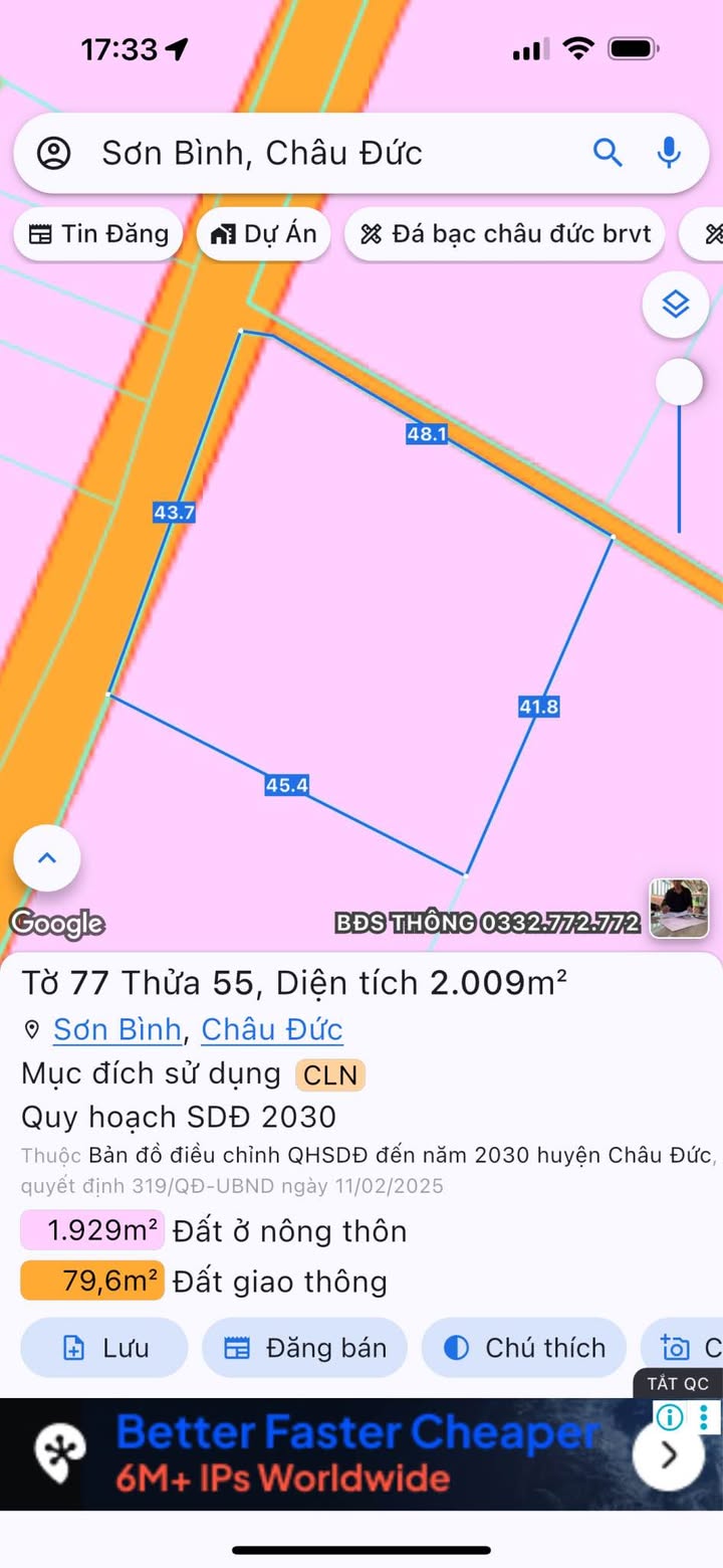 Đất nền Sơn Bình, Châu Đức 2000m² giá 4.2 tỷ - Sổ hồng riêng, 2 mặt tiền đường nhựa!