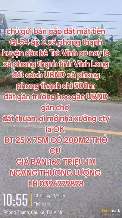 Đất mặt tiền QL54, xã Phong Thạnh, huyện Cầu Kè, 1875m² giá 2.4 tỷ - Cơ hội đầu tư tuyệt vời!