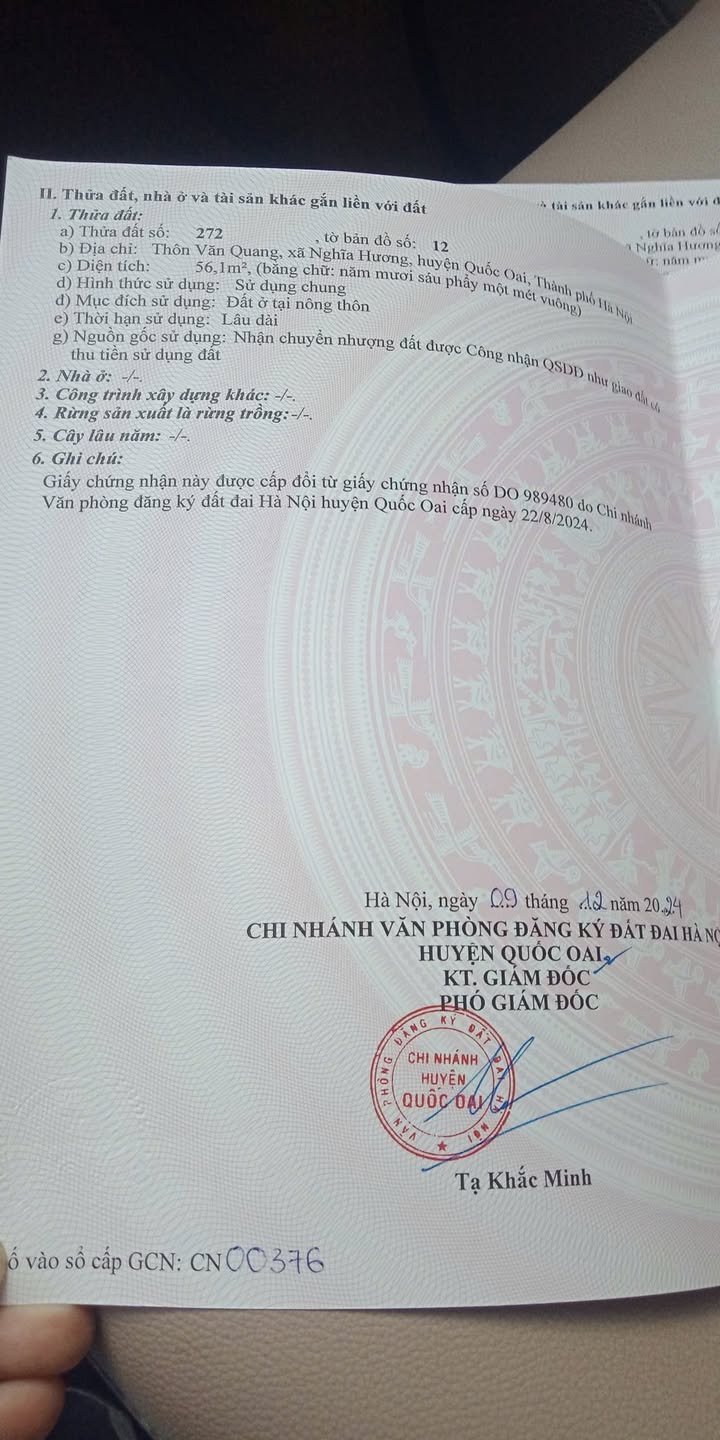 Đất nền Nghĩa Hương Quốc Oai 56m² - Chính chủ bán gấp, giá thỏa thuận!