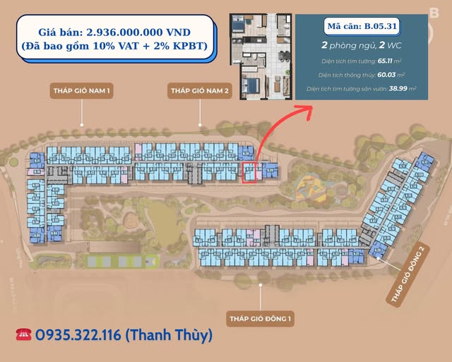 Căn hộ The Gió Riverside Thuận An 60m² giá 2.936 tỷ - View công viên nội khu tuyệt đẹp!
