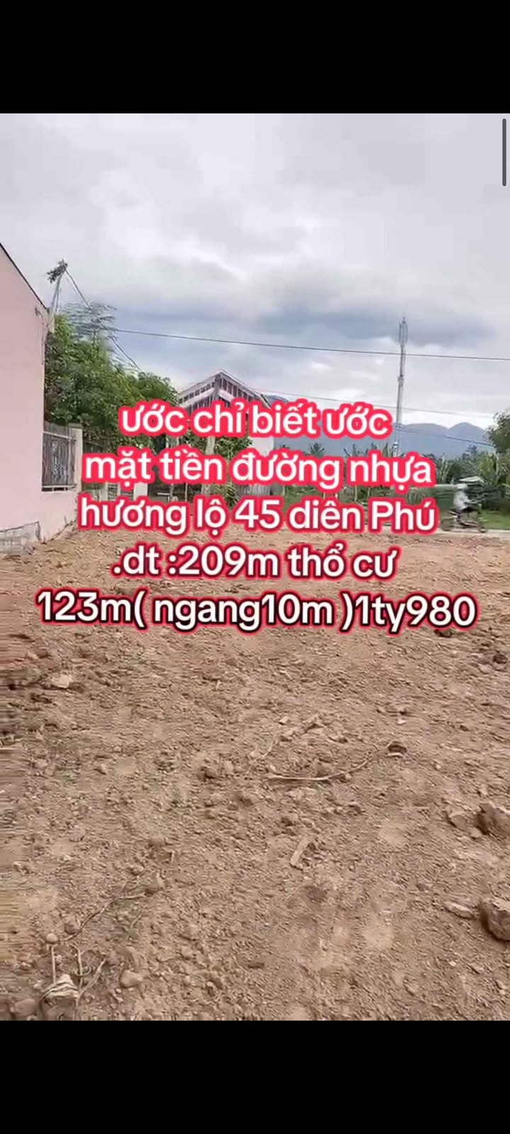 Đất thổ cư mặt tiền đường Hương lộ 45, Diên Phú 209m² - Giá chỉ 1.98 tỷ!