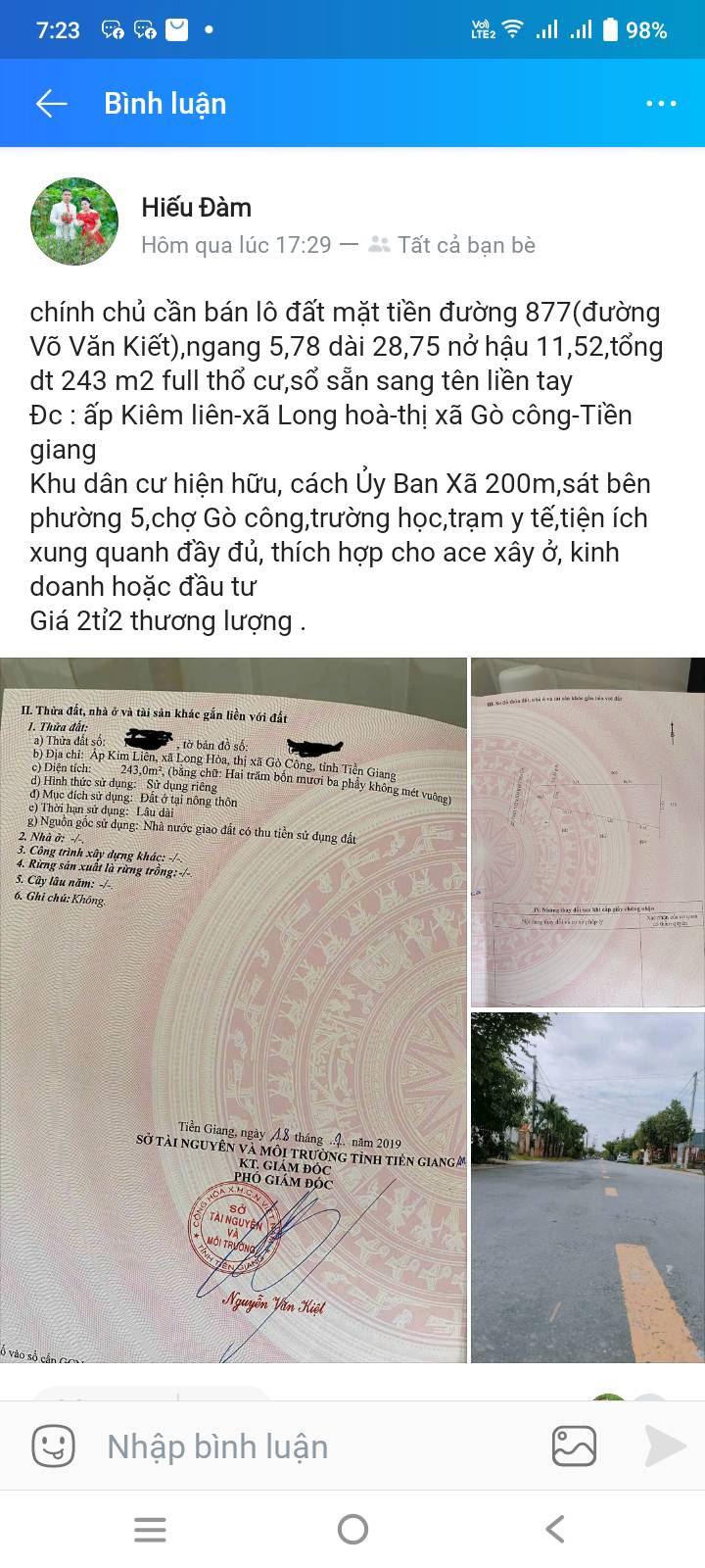 Đất thổ cư mặt tiền đường Võ Văn Kiệt, 243m² chỉ 2 tỷ - Cơ hội đầu tư lý tưởng!