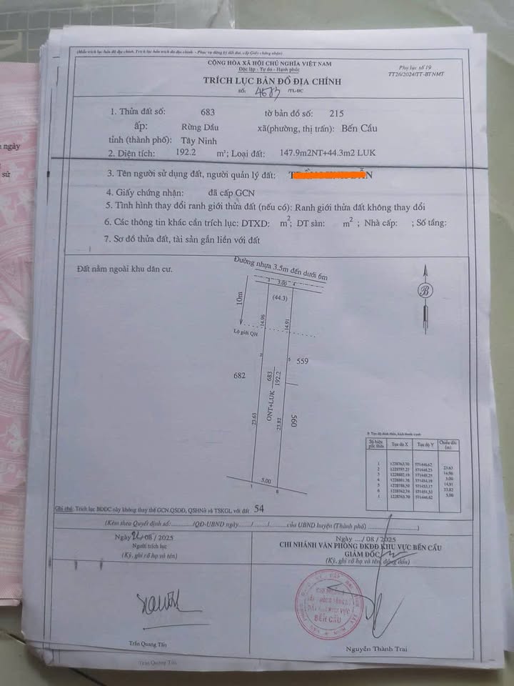 Đất thổ cư Tiên Thuận Bến Cầu 190m² giá 200 triệu - Mặt tiền nhựa 5m