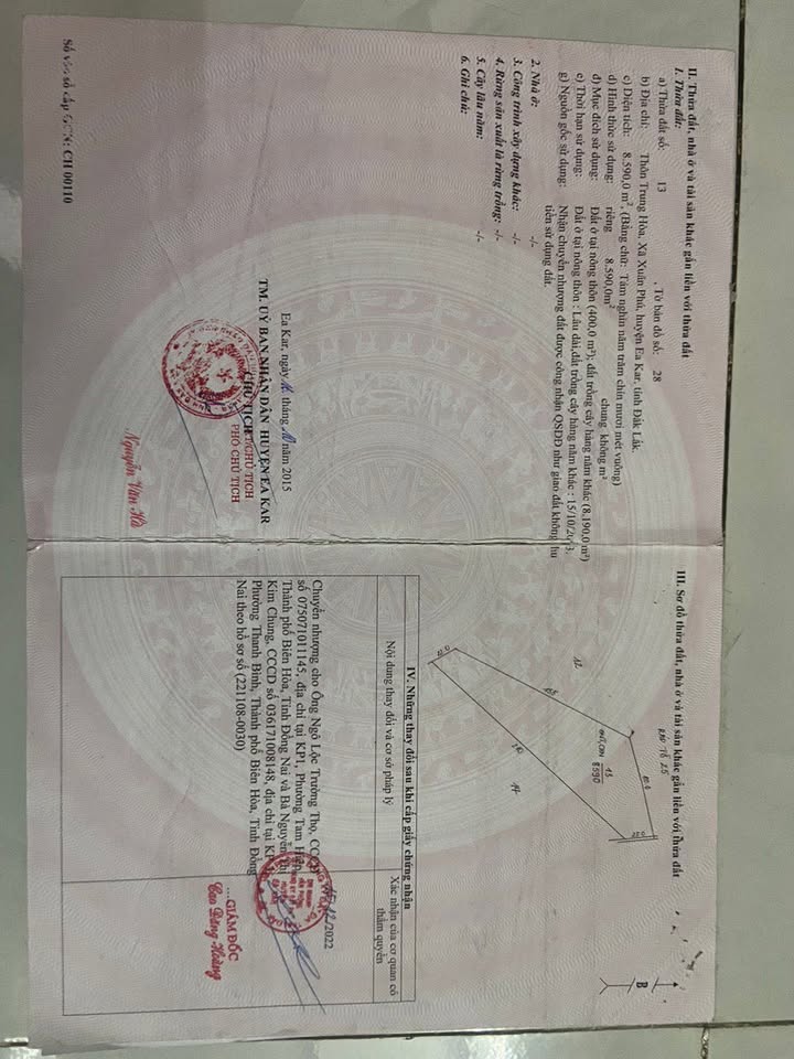 Đất nền xã Xuân Phú, huyện Ea Kar 13.000m² giá 2.223 tỷ - Pháp lý rõ ràng, đầu tư sinh lời!