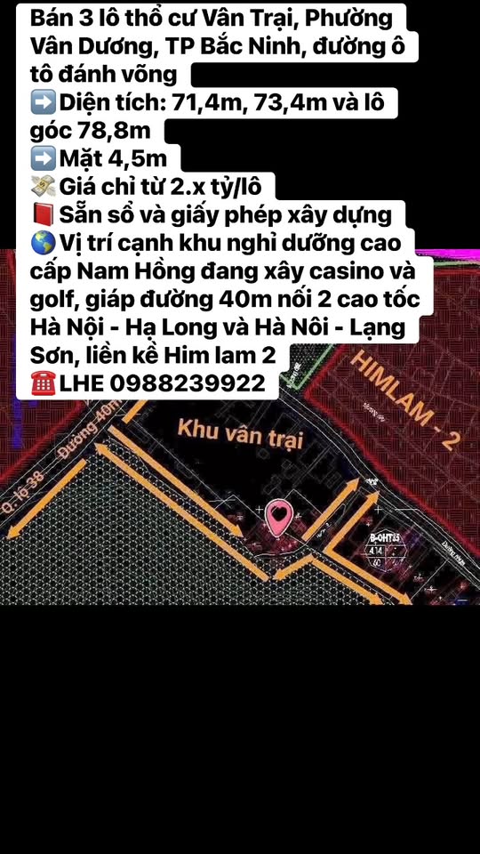 Đất thổ cư Vân Trại, TP Bắc Ninh 71m² giá chỉ 2.x tỷ - Cơ hội đầu tư tuyệt vời!