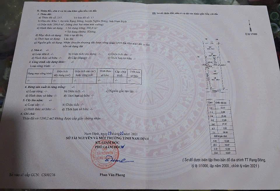 Đất thổ cư Rạng Đông, Nghĩa Hưng 1400m² giá 3 tỷ - Hướng Nam view sông tuyệt đẹp!